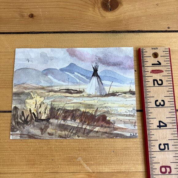 Teepee Plains Original Watercolor Art Hand Painted Framed Postcard 5.5x7" A.S.F. - Picture 4 of 6